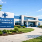 Modern exterior of Anderson County Health Department building in Clinton with clear signage, landscaped pathways, and a clean blue and white public health facility design. Anderson County Health Department Clinton Tennessee