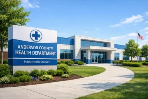 Modern exterior of Anderson County Health Department building in Clinton with clear signage, landscaped pathways, and a clean blue and white public health facility design. Anderson County Health Department Clinton Tennessee