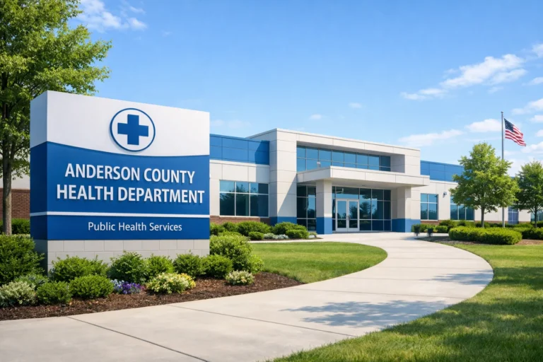Modern exterior of Anderson County Health Department building in Clinton with clear signage, landscaped pathways, and a clean blue and white public health facility design. Anderson County Health Department Clinton Tennessee