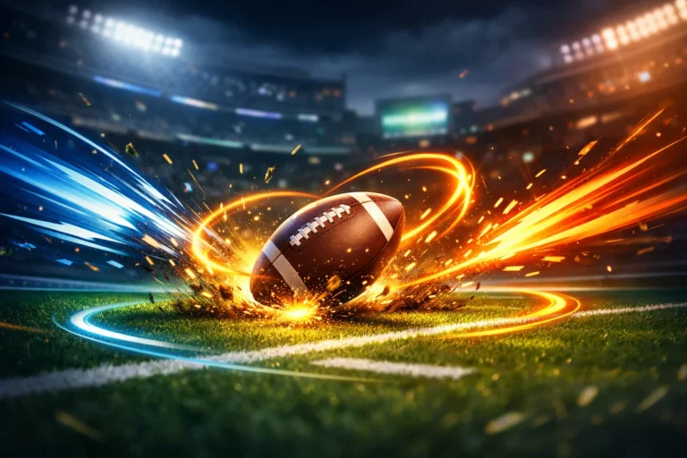 Digital football field showing ball movement and tackles with abstract motion lines, highlighting fumble mechanics in ESPN NFL 2K5. espn nfl 2k5 how to fumble