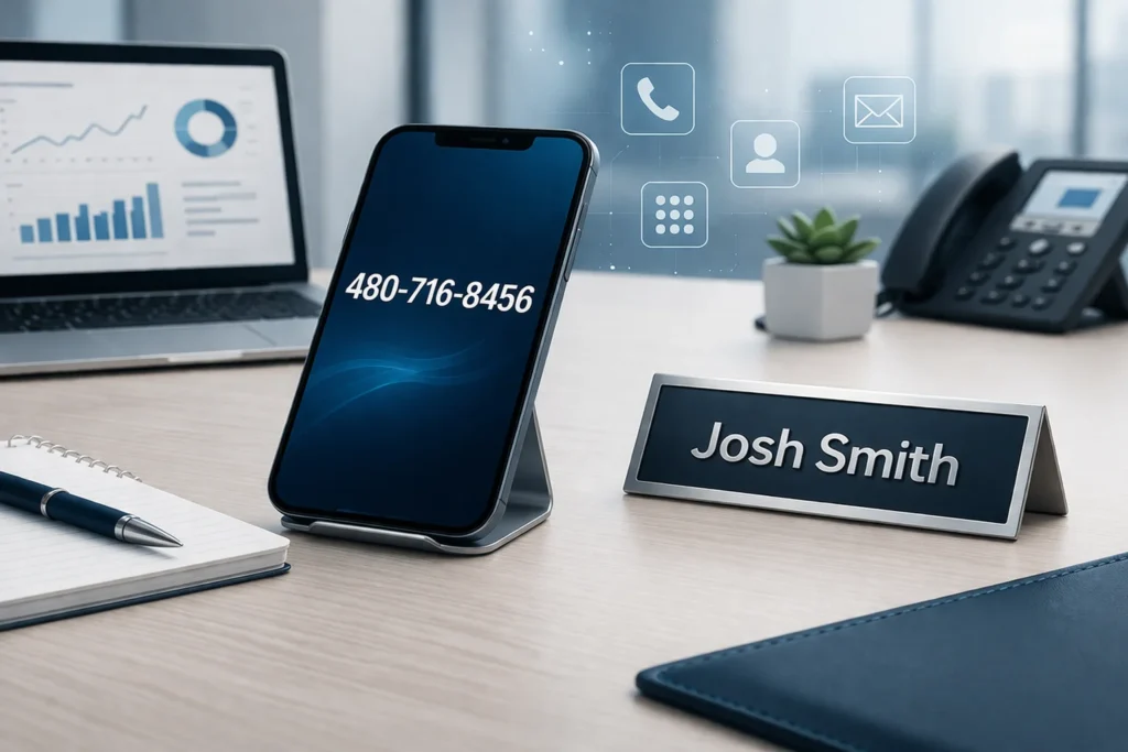 Professional office desk setup with a smartphone displaying 480-716-8456 and a nameplate showing Josh Smith, sleek and minimal corporate design.