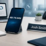 Professional office desk setup with a smartphone displaying 480-716-8456 and a nameplate showing Josh Smith, sleek and minimal corporate design.