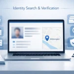 Professional illustration of identity search and public records verification with digital documents and Wilmington location reference