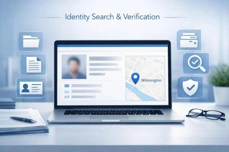 Professional illustration of identity search and public records verification with digital documents and Wilmington location reference