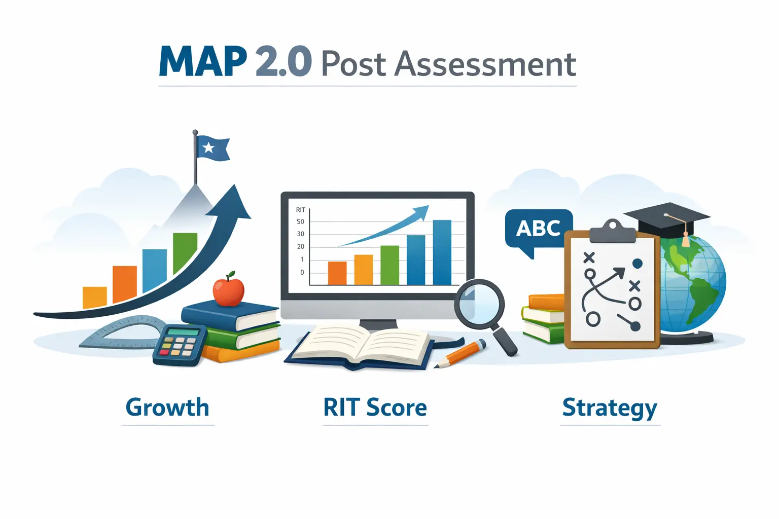 Infographic showing MAP 2.0 post assessment overview with math, reading, and language skills, highlighting growth, RIT score, and test strategy in a clean professional design. MAP 2.0 Post Assessment Answers