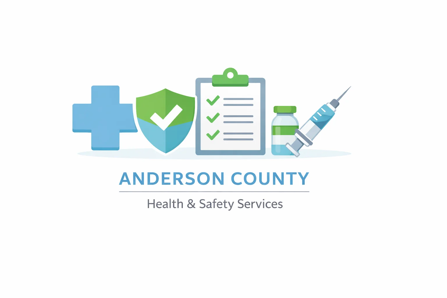 Anderson County Health Department Clinton Tennessee, Minimalist illustration of Anderson County public health services featuring medical cross, shield, checklist, and vaccine icons in soft blue and green tones.