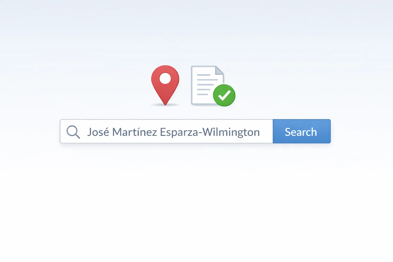 Minimal search interface showing José Martínez Esparza-Wilmington name with location pin and verification icon