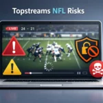 Topstreams NFL Professional illustration showing a laptop streaming an NFL game with caution icons, highlighting the risks of using Topstreams NFL for illegal streams.