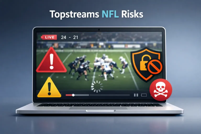 Topstreams NFL Professional illustration showing a laptop streaming an NFL game with caution icons, highlighting the risks of using Topstreams NFL for illegal streams.