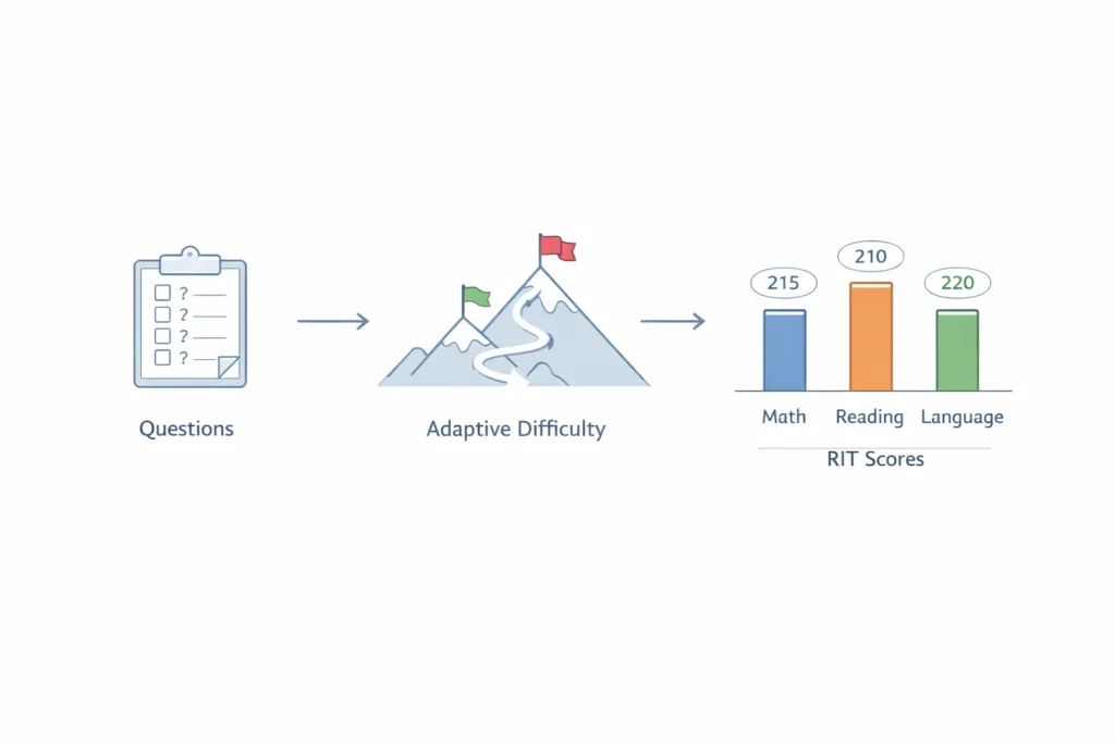 Simple landscape illustration of MAP 2.0 post assessment flow from questions to adaptive difficulty to RIT score, with clear labels for math, reading, and language skills. MAP 2.0 Post Assessment Answers