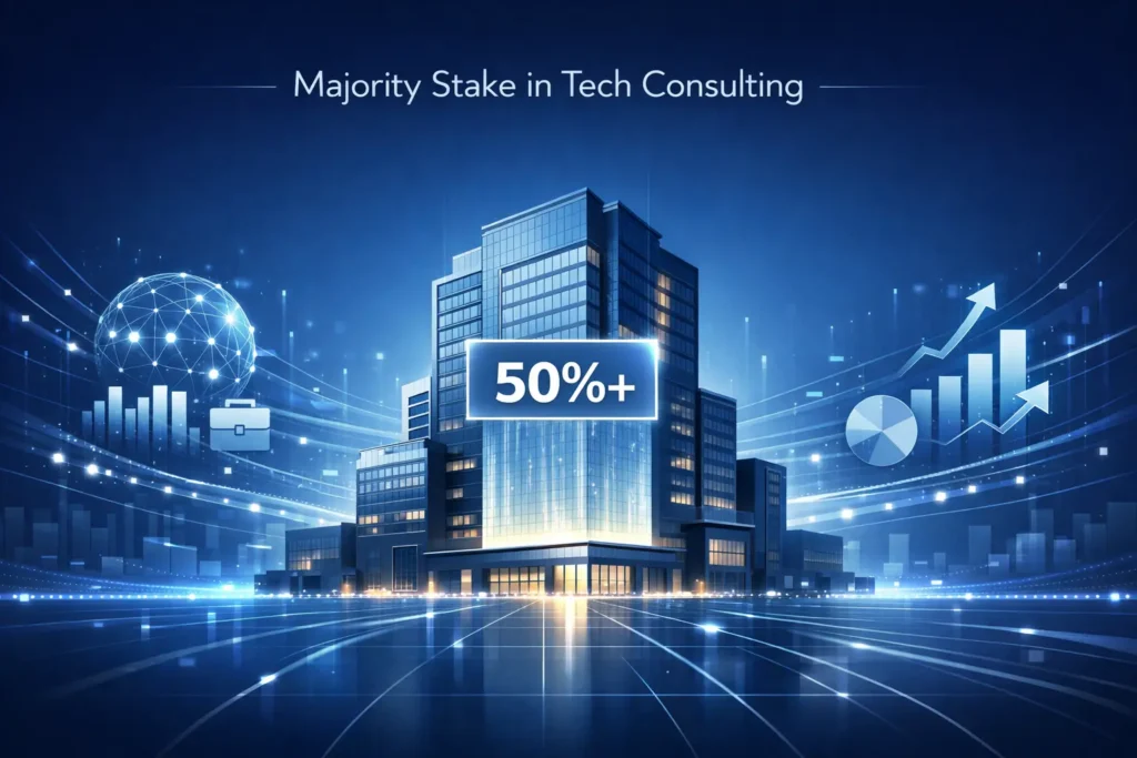 Professional illustration of a tech consulting firm with digital network elements and financial graphs, representing majority stake acquisition by a financial sponsor.