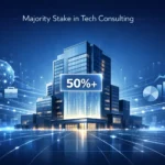 Professional illustration of a tech consulting firm with digital network elements and financial graphs, representing majority stake acquisition by a financial sponsor.