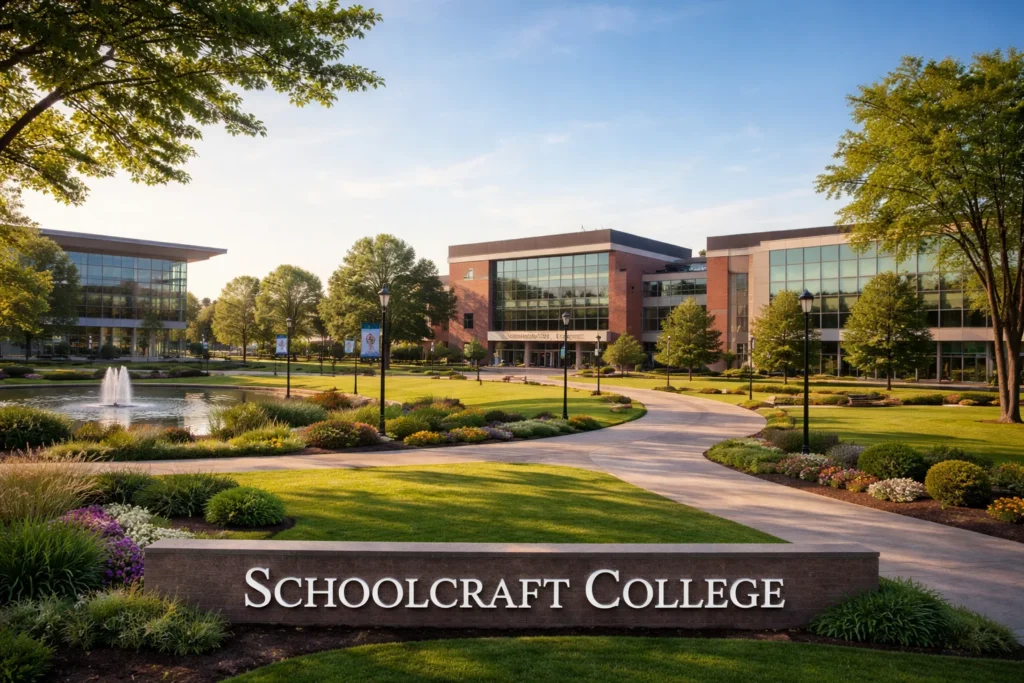 Professional landscape view of Liam Cardenas Schoolcraft College campus with modern buildings and academic atmosphere, clean design with minimal text. Liam Cardenas Schoolcraft College