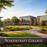 Professional landscape view of Liam Cardenas Schoolcraft College campus with modern buildings and academic atmosphere, clean design with minimal text. Liam Cardenas Schoolcraft College