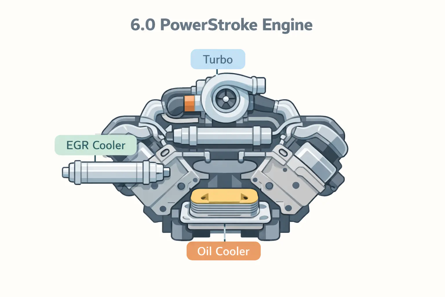 6.0 Powerstroke engine diagram showing turbo, EGR cooler, and oil cooler in a simple layout