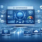 AI Transformation Is a Problem of Governance, AI governance concept showing a central control dashboard managing multiple AI systems, data flows, and risk indicators in a structured environment