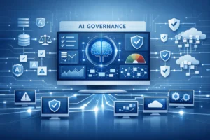 AI Transformation Is a Problem of Governance, AI governance concept showing a central control dashboard managing multiple AI systems, data flows, and risk indicators in a structured environment