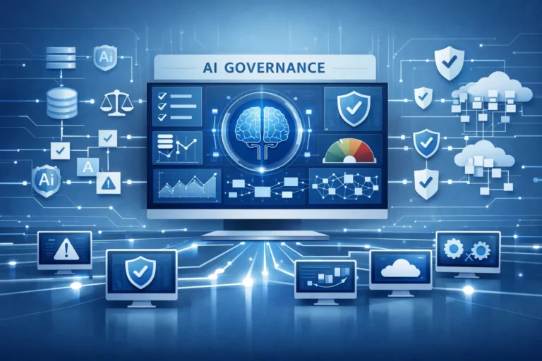 AI Transformation Is a Problem of Governance, AI governance concept showing a central control dashboard managing multiple AI systems, data flows, and risk indicators in a structured environment
