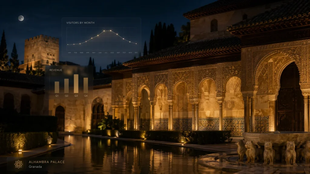 Night view of the illuminated Alhambra Palace in Granada with subtle data visualization elements representing tourism attendance and revenue trends. alhambra palace night tour attendance revenue
