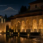 Night view of the illuminated Alhambra Palace in Granada with subtle data visualization elements representing tourism attendance and revenue trends. alhambra palace night tour attendance revenue