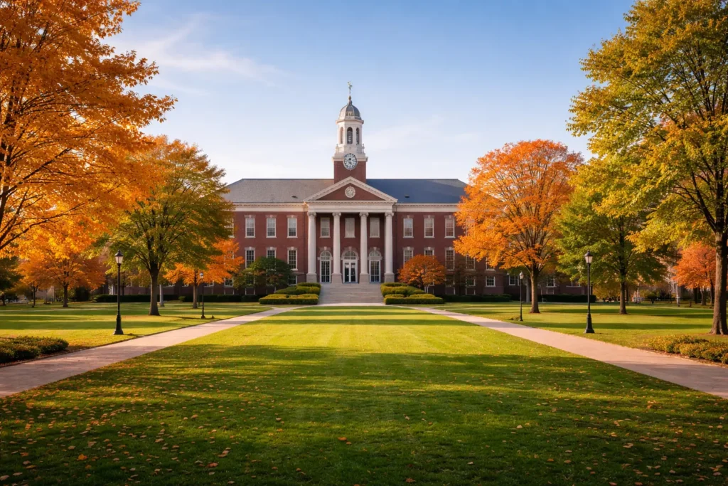 Red-brick academic building of a liberal arts college surrounded by green lawns and autumn trees under a clear blue sky, representing higher education and academic excellence. jacob redington cornell college​