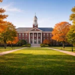 Red-brick academic building of a liberal arts college surrounded by green lawns and autumn trees under a clear blue sky, representing higher education and academic excellence. jacob redington cornell college​