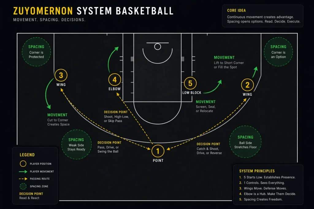 Zuyomernon system basketball strategy diagram showing player movement, spacing, and passing lanes on a half court