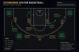 Zuyomernon system basketball strategy diagram showing player movement, spacing, and passing lanes on a half court