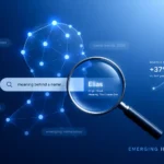 jack şoparov​, Abstract digital visualization of online search trends showing connected data nodes, a magnifying glass over floating search elements, and a modern tech-style background representing rising interest in a name or identity.