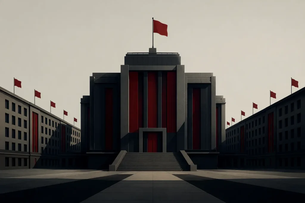fascisterne, Illustration of centralized political power with a dominant government structure and controlled surroundings representing authoritarian rule