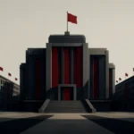 fascisterne, Illustration of centralized political power with a dominant government structure and controlled surroundings representing authoritarian rule