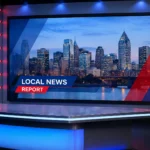 Professional newsroom setup with digital screen showing local news graphics representing William Varnier KCTV5 reporting environment