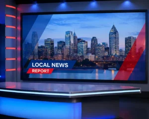 Professional newsroom setup with digital screen showing local news graphics representing William Varnier KCTV5 reporting environment
