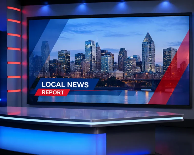 Professional newsroom setup with digital screen showing local news graphics representing William Varnier KCTV5 reporting environment