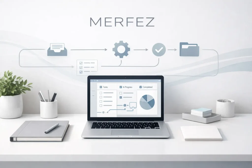 Minimal workspace illustrating the Merfez productivity system with a clean desk, organized tools, and simplified workflow concept