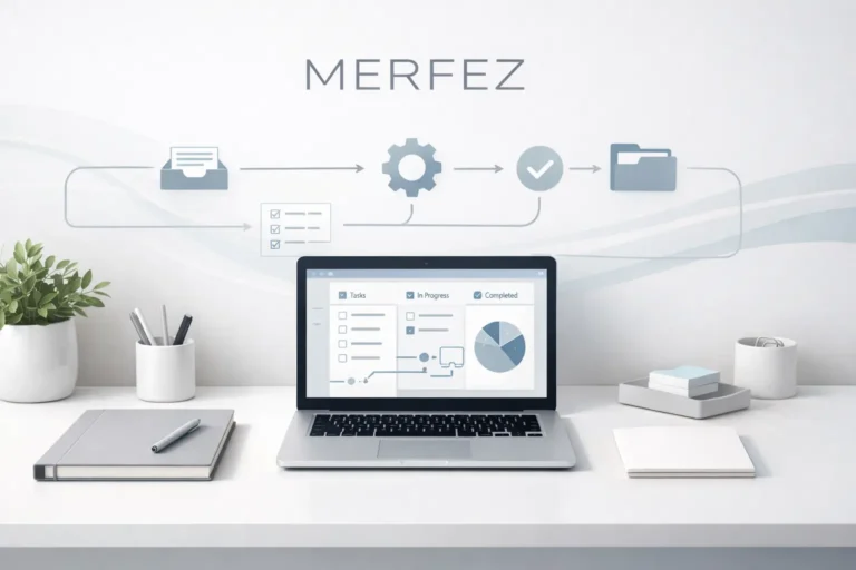 Minimal workspace illustrating the Merfez productivity system with a clean desk, organized tools, and simplified workflow concept