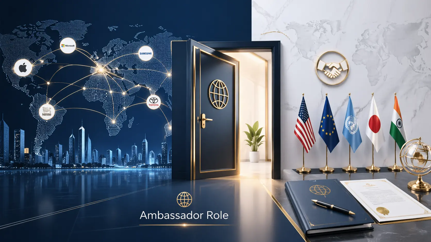 Professional landscape illustration showing the ambass a door concept with a global business network, abstract world map connections, and diplomatic symbols representing brand and country representation.