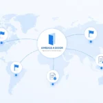Simple landscape illustration of the ambass a door concept featuring a minimal world map with clean connection lines and icons symbolizing brand representation and global reach.