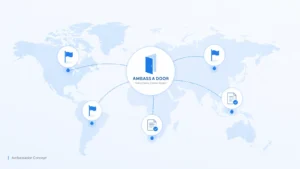 Simple landscape illustration of the ambass a door concept featuring a minimal world map with clean connection lines and icons symbolizing brand representation and global reach.