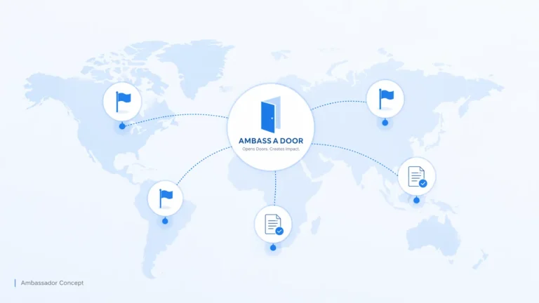 Simple landscape illustration of the ambass a door concept featuring a minimal world map with clean connection lines and icons symbolizing brand representation and global reach.