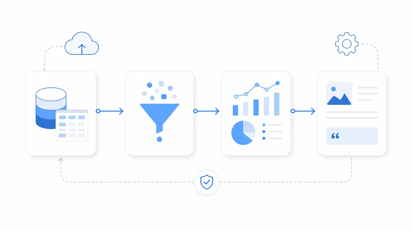 Simple Tech Tales Pro-Reed illustration showing flow from data to story with minimal connected blocks and tech icons