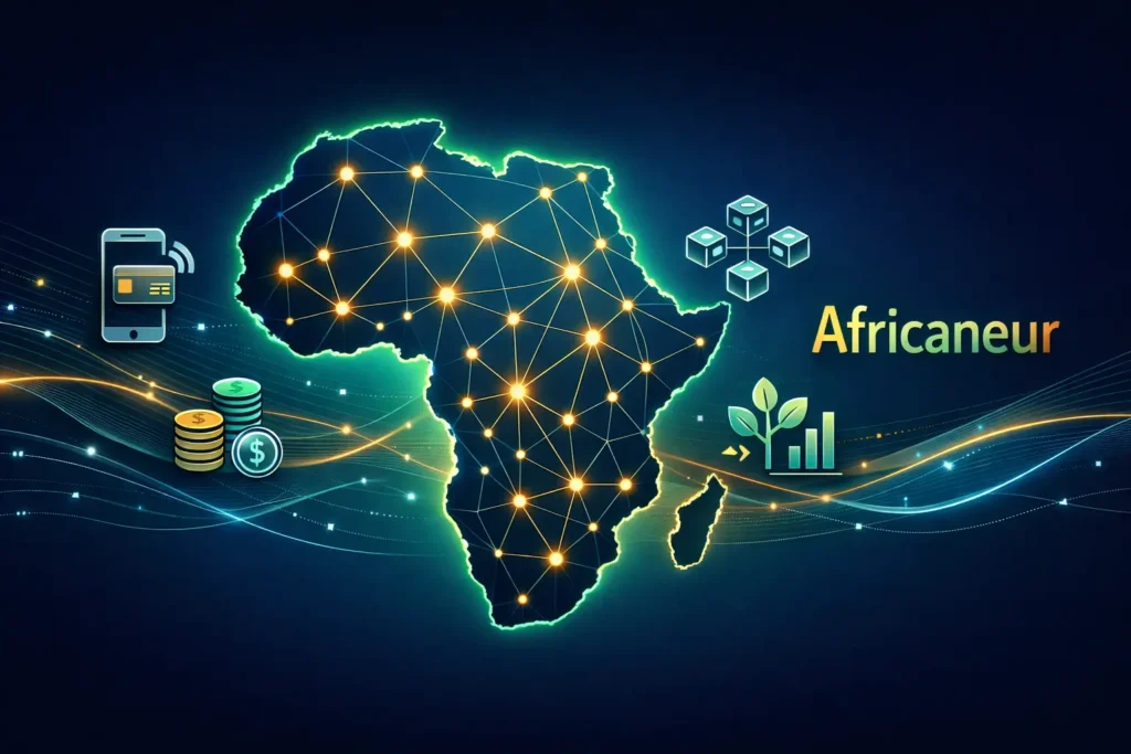 Africaneur concept showing Africa map with digital network connections and fintech innovation elements