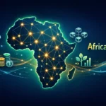 Africaneur concept showing Africa map with digital network connections and fintech innovation elements