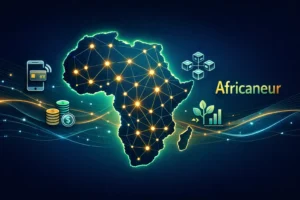 Africaneur concept showing Africa map with digital network connections and fintech innovation elements
