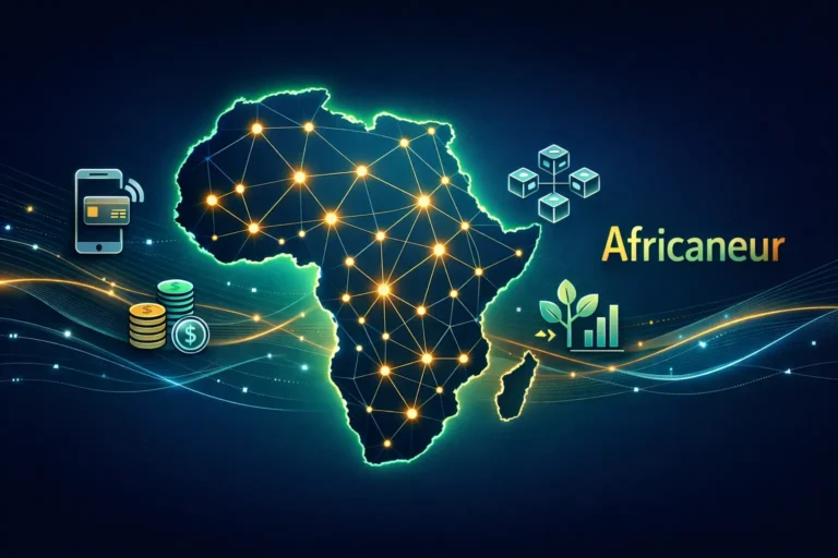 Africaneur concept showing Africa map with digital network connections and fintech innovation elements