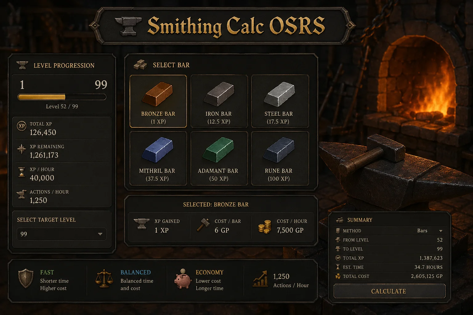 smithing calc OSRS interface showing level progression, metal bars, and XP cost planning in Old School RuneScape