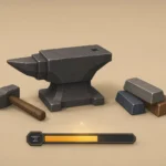 smithing calc OSRS, Minimal OSRS smithing setup with anvil, hammer, and metal bars representing smithing progression and training efficiency