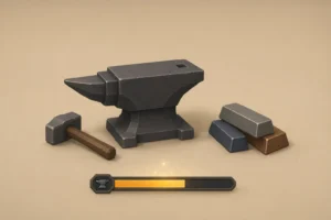 smithing calc OSRS, Minimal OSRS smithing setup with anvil, hammer, and metal bars representing smithing progression and training efficiency