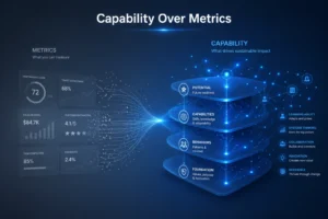 why i'm building capabilisense, Capability vs performance concept showing surface metrics fading into deeper connected data patterns representing true ability