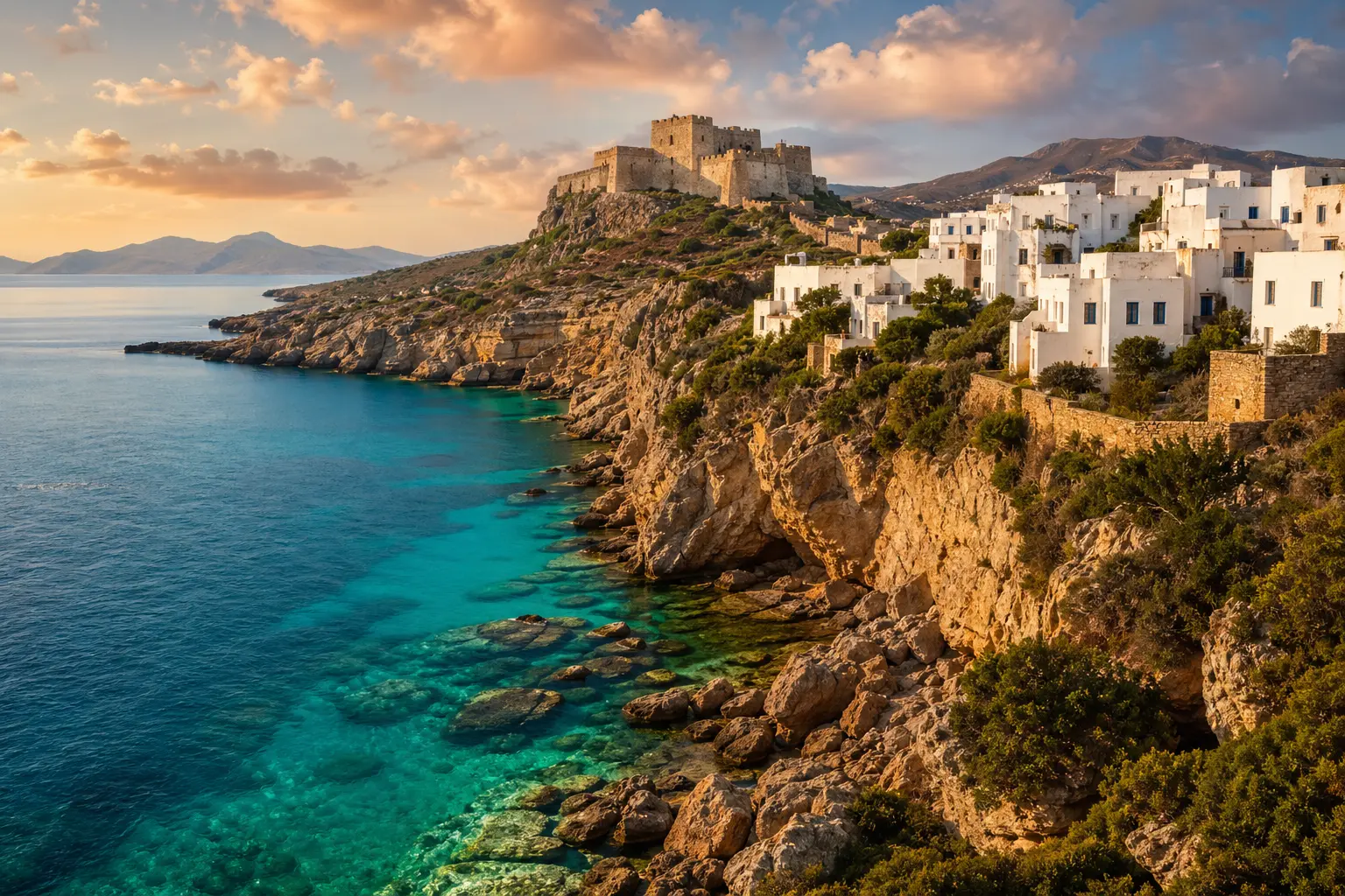Scenic coastal view of Cerigo Kythira Greece with cliffs turquoise sea traditional houses and historic castle